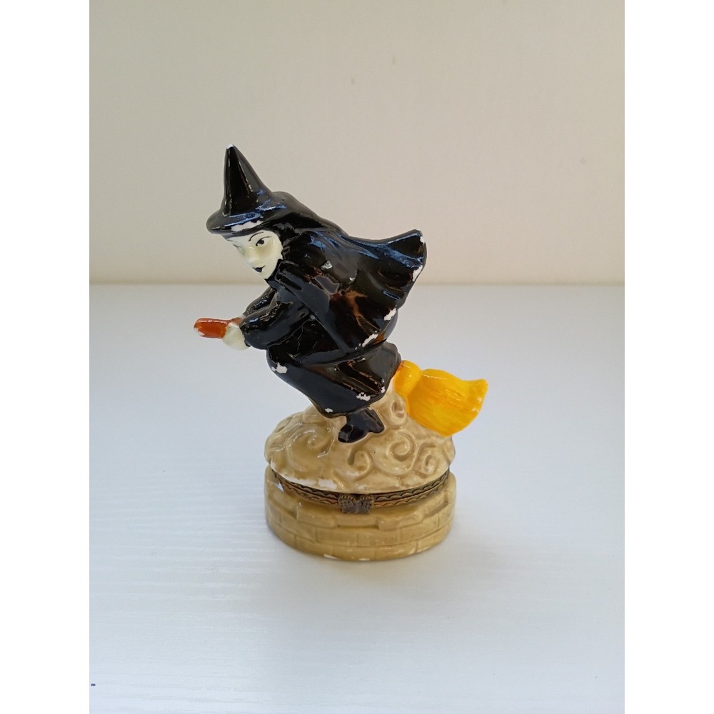 Greenbrier Int Vtg Wicked Witch on Broomstick Hinged Trinket Box 4.25" Halloween